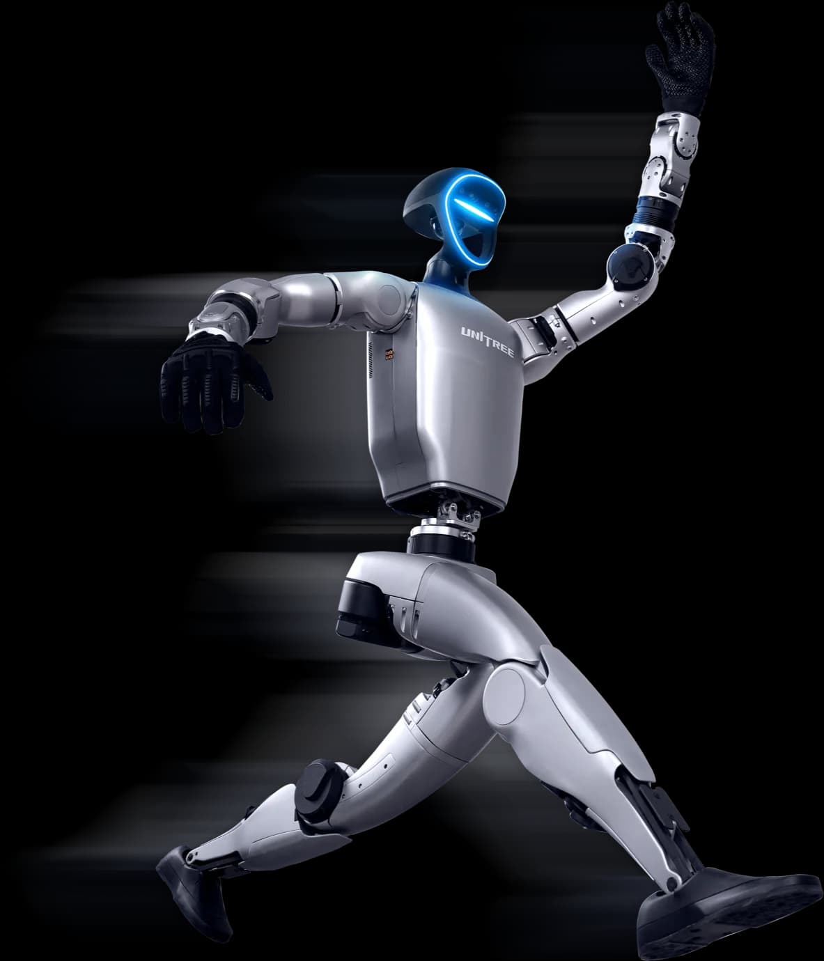 Robot humanoidalny Unitree G1 w biegu, widok z boku