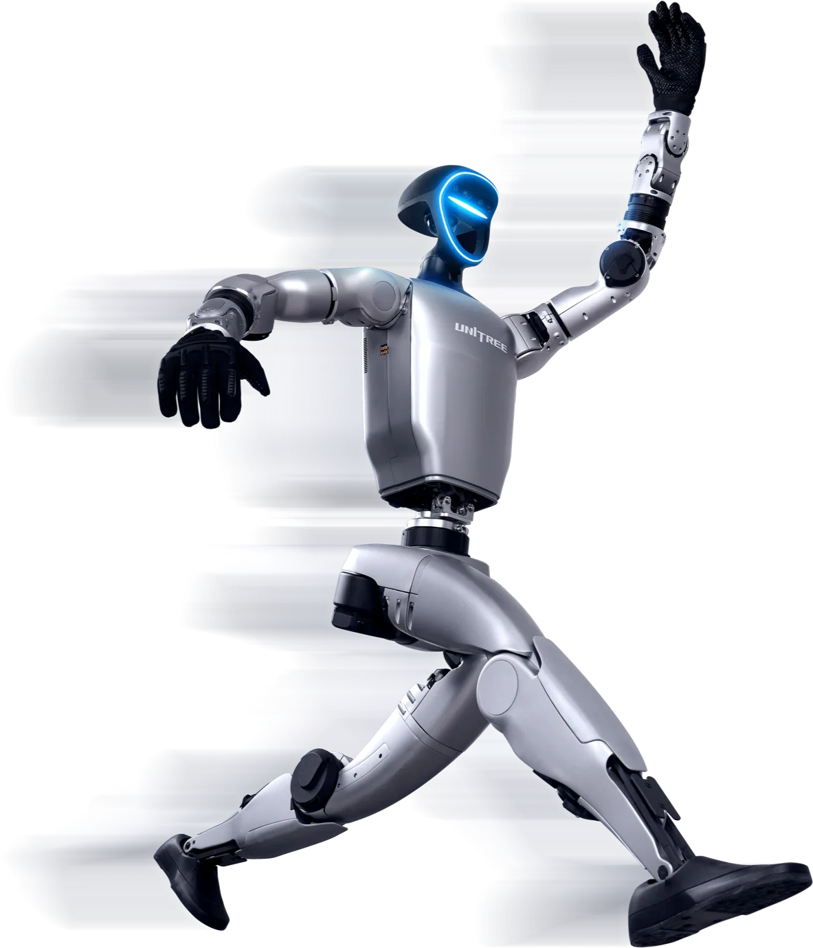 Robot humanoidalny Unitree G1 w biegu, widok z boku