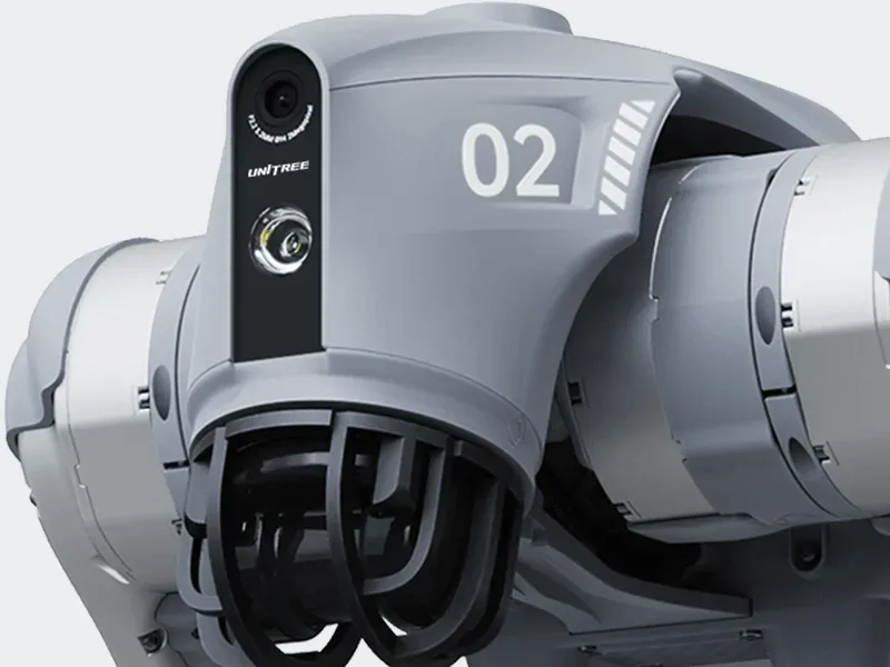 Robot czworonożny Unitree Go2 — głowa z kamerą i LiDAR-em z bliska (ilustracja poglądowa)