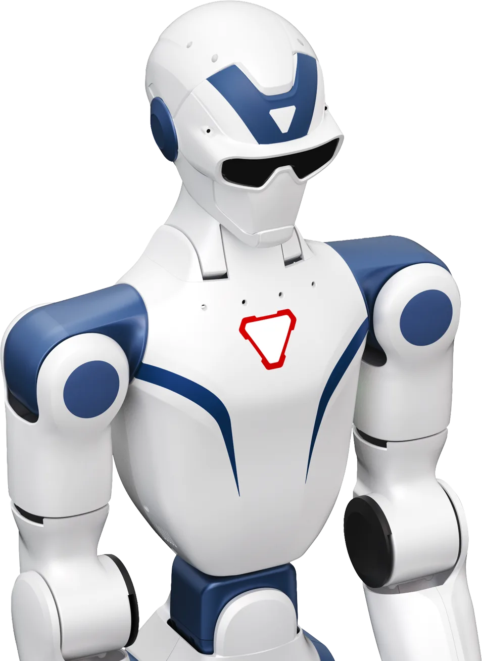 Robot humanoidalny Unitree R1 w biało-granatowej obudowie, ujęcie od pasa w górę